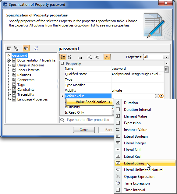 Assign value specification