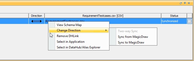 Changing Sync Direction through the Shortcut Menu