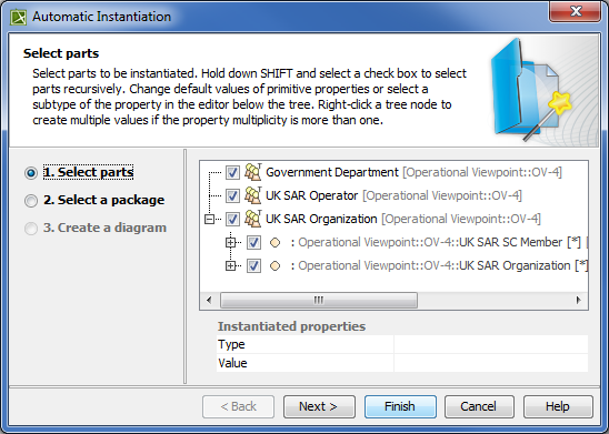 Selecting parts in Automatic Instantiation wizard