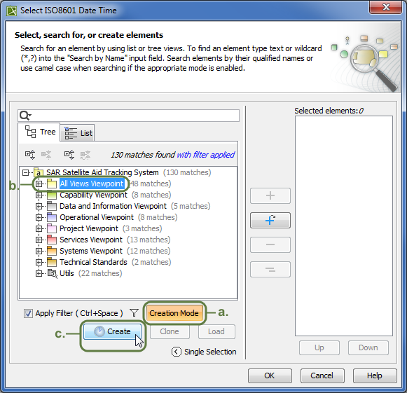 When creating a new date in the Select ISO8601 Date Time dialog, you need to select the package wherein you want to store the new date (b.), turn on the creation mode (a.), and click the Create button (c.).