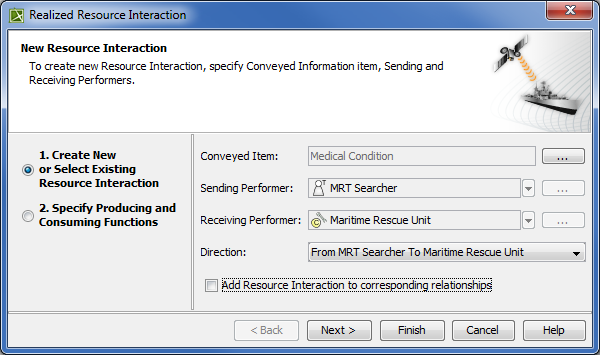 Creating a new or selecting an existing Resource Interaction in Realized Resource Interaction wizard