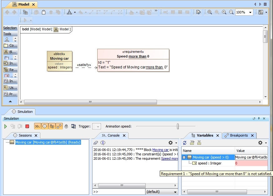 Running a simulation evaluates the constraint within the requirement and color-codes it