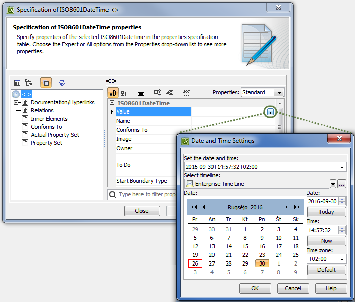 After the new ISO8601DateTime element is created, its specific date must be selected from the Date and Time Settings dialog which opens automatically when trying to edit the Value property box.