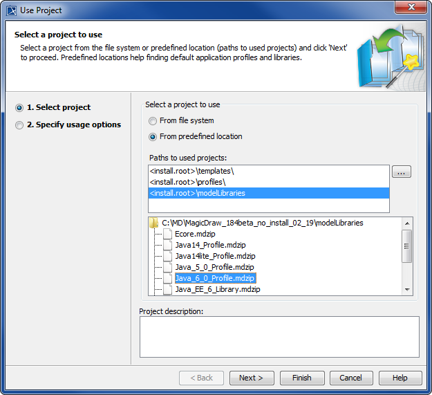 Selecting to use project from predefined location