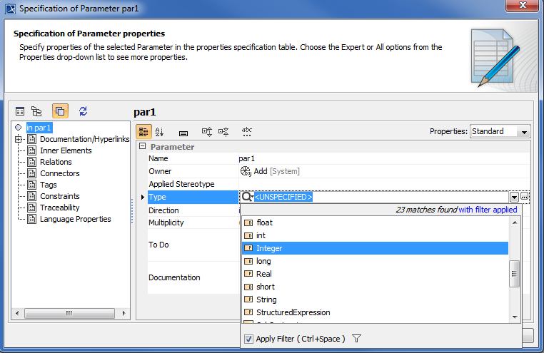 Selecting Integer as par1 Parameter Type