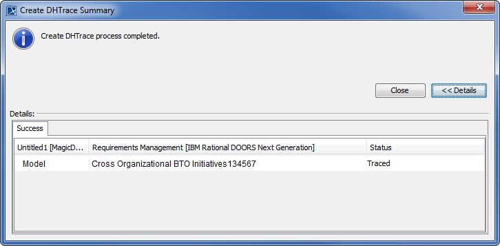 DHTrace Summary dialog - shows when you create a DHTrace