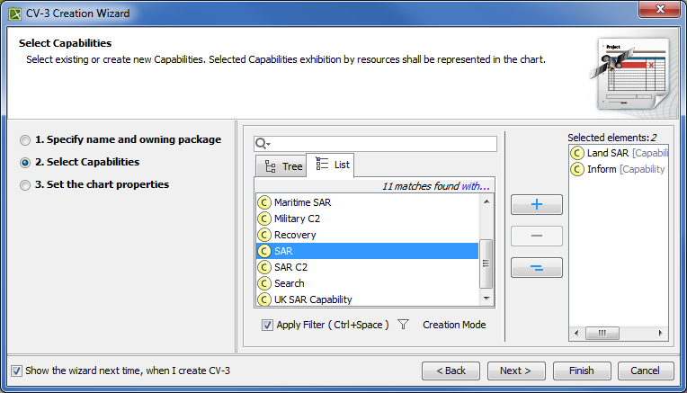 Selecting Capabilities in CV-3 Creation Wizard