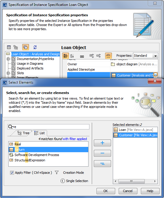 Selecting multiple property values in the Select Element dialog