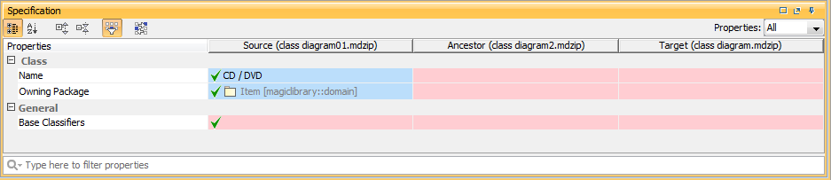 Displaying element property changes in Specification panel