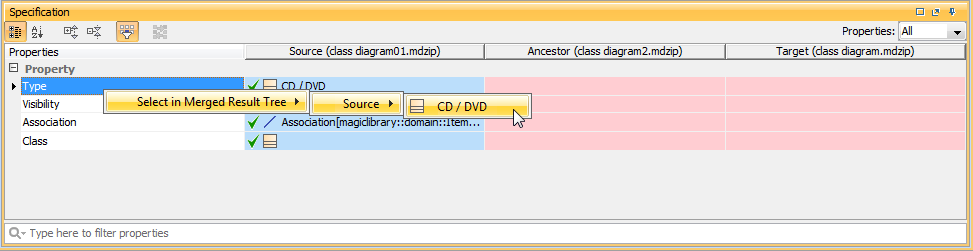 Using property name shortcut menu to navigate from Specification panel to Merged Result tree