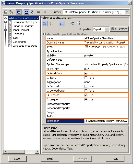 Derived property specification. General specification pane