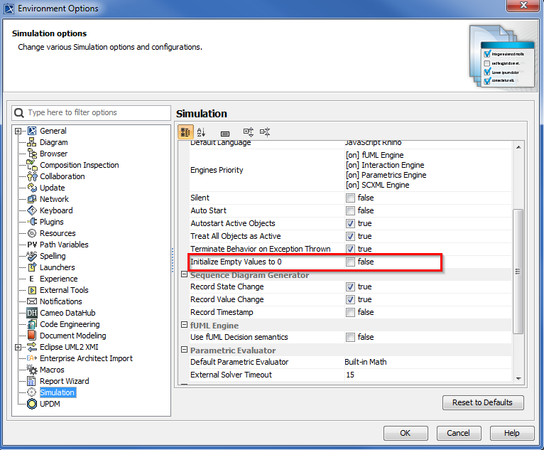 Simulation Environment Options - Initialize Empty Values to 0