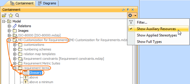 Opening the glossary table with frequently used condition phrases from the Auxiliary Resources.