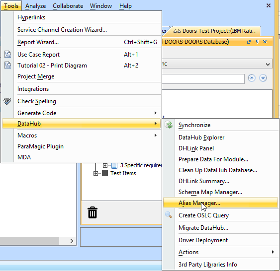 The DataHub Alias Manager menu item