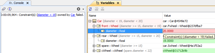 The constraints appear in the Simulation Console and Variables panes during simulation.