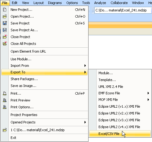 The Excel Export Menu in MagicDraw