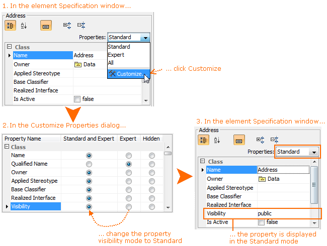 Example of customizing list of properties in element Specification window