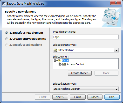 Extract State Machine Wizard. Specify a new element