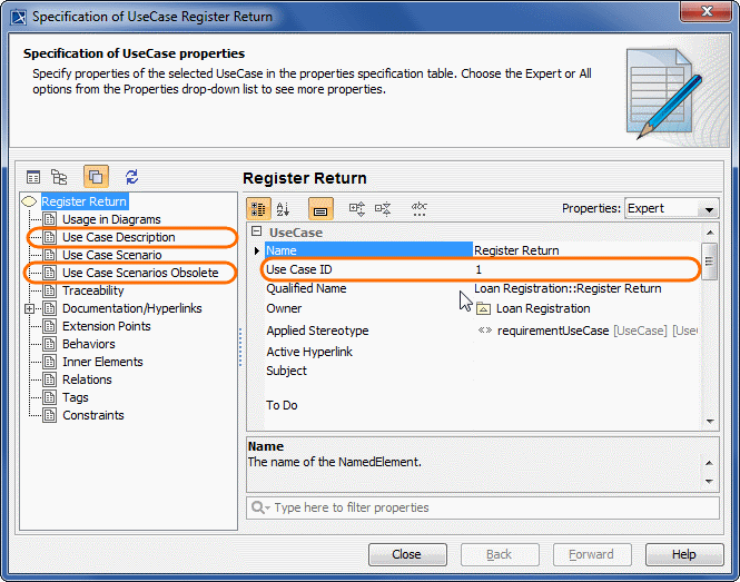 Use Case Specification window with Use Case Description Profile loaded