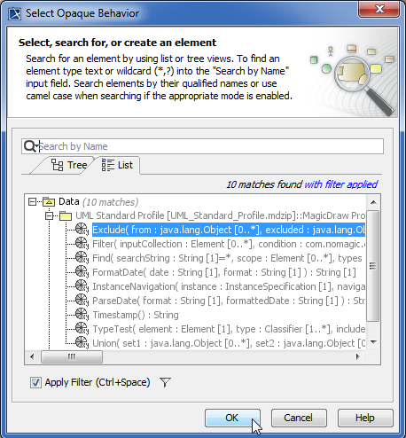 Built-in operation types. Selecting to create new Exclude operation