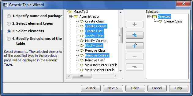 Generic table creation wizard. Selecting elements