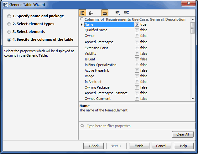 Generic table creation wizard. Selecting columns