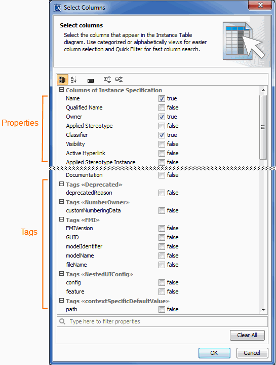 Displaying properties and tags in the Instance Table