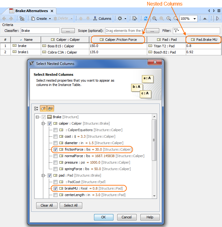 Displaying nested properties as columns in the Instance Table