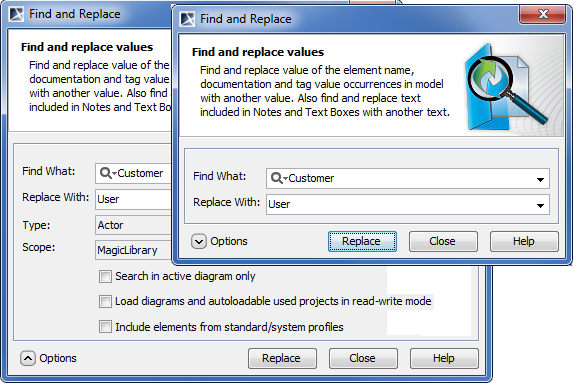 Find and Replace dialog with collapsed (on the right) and extended (on the left) Options area