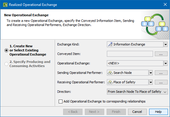 UAF Plugin 19.0 LTR SP2 > Realized Operational Exchange wizard > realized_operational_exchange_wizard_step1.png (Creating new or selecting Operational Exchange in Realized Operational Exchange wizard) Creating new or selecting Operational Exchange in Realized Operational Exchange wizard