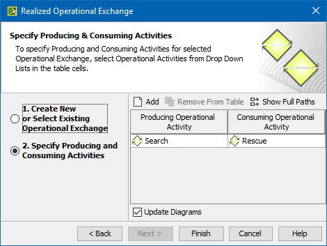 UAF Plugin 19.0 LTR SP2 > Realized Operational Exchange wizard > realized_operational_exchange_wizard_step2.png (Specifying Producing and Consuming Activities in Realized Operational Exchange wizard) Specifying Producing and Consuming Activities in Realized Operational Exchange wizard