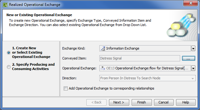 UPDM 2 Plugin 19.0 LTR SP2 > Realized Operational Exchange wizard > realized_operational_exchange_wizard_step1.png (Creating new or selecting Operational Exchange in Realized Operational Exchange wizard) Creating new or selecting Operational Exchange in Realized Operational Exchange wizard