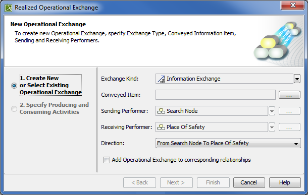 UPDM 2 Plugin 19.0 LTR SP2 > Realized Operational Exchange wizard > realized_operational_exchange_wizard_step1_1.png (Creating new or selecting Operational Exchange in Realized Operational Exchange wizard) Creating new or selecting Operational Exchange in Realized Operational Exchange wizard