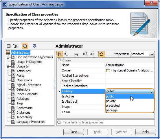 Selecting value from non-editable list in Specification window