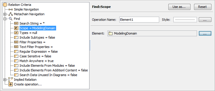 The example shows how to specify the value of the Scope property. The selected Operation Name is Element1 and the selected Element is ModelingDomain.