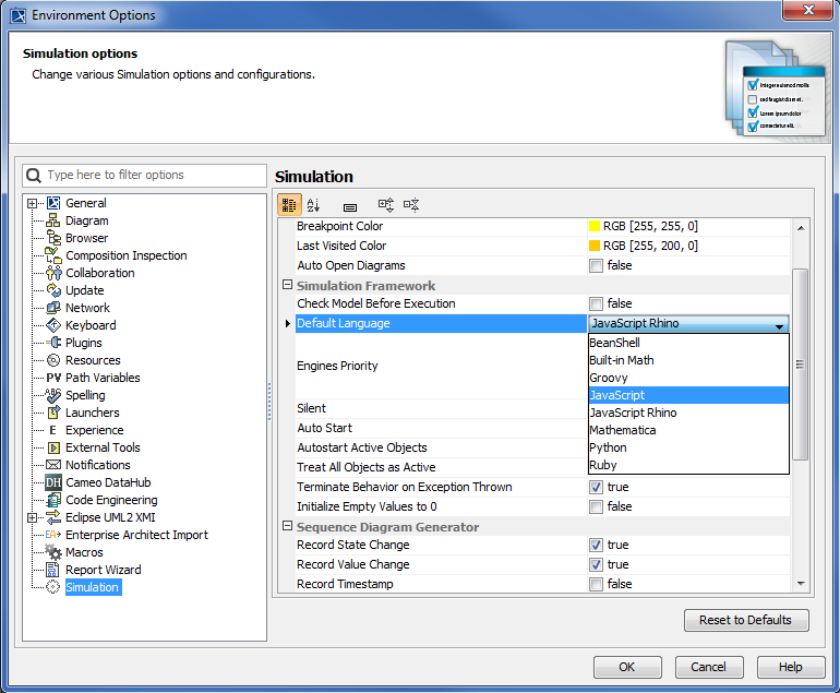 The Default Language in the Environment Options Dialog