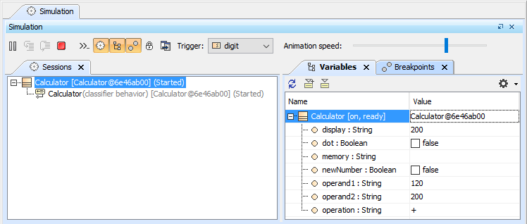 The Variables and Sessions Panes of a Simulation Session