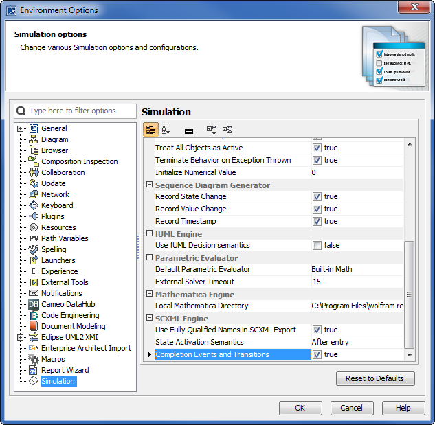 Completion events and transitions environment value