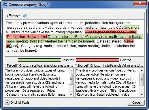 Displaying differences between long textual property values