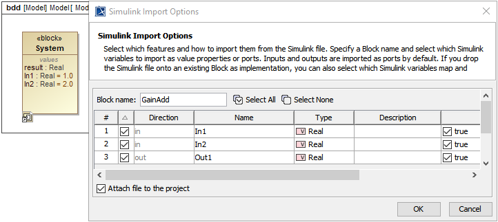 Cameo Simulation Toolkit 19.0 LTR SP3 > 19.0 LTR SP3 Version News > Simulink Import Options dialog.png