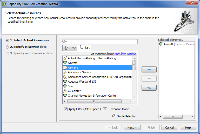 UAF Plugin 19.0 LTR SP4 > Capability Provision Creation Wizard > capability_provision_creation_wizard_step1.png (Selecting Actual Resources in Capability Provision Creation Wizard) Selecting Actual Resources in Capability Provision Creation Wizard