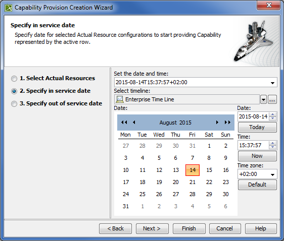 UAF Plugin 19.0 LTR SP4 > Capability Provision Creation Wizard > capability_provision_creation_wizard_step2.png (Specifying Capability service date in Capability Provision Creation Wizard) Specifying Capability service date in Capability Provision Creation Wizard