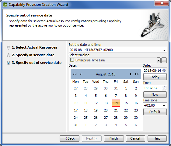 UAF Plugin 19.0 LTR SP4 > Capability Provision Creation Wizard > capability_provision_creation_wizard_step3.png (Specifying out of service date in Capability Provision Creation Wizard) Specifying out of service date in Capability Provision Creation Wizard