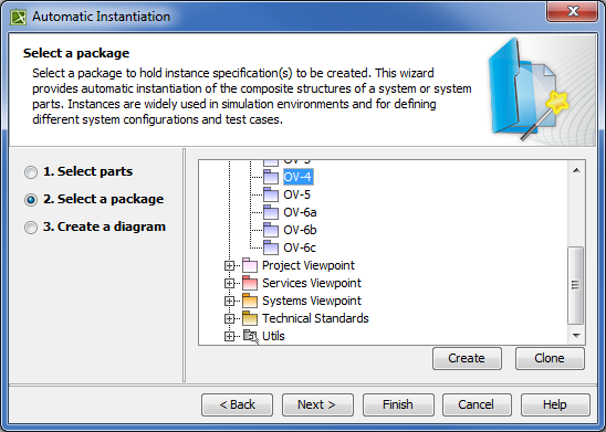 UAF Plugin 19.0 LTR SP4 > Automatic Instantiation wizard > automatic_instantiation_wizard_step2.png (Selecting packages in Automatic Instantiation wizard) Selecting packages in Automatic Instantiation wizard