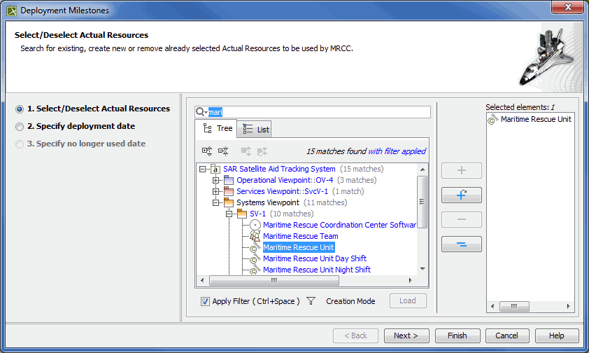 UAF Plugin 19.0 LTR SP4 > Deployment Milestones wizard > deployment_milestones_wizard_step1.png (Selecting/ deselecting Actual Resources in Deployment Milestones wizard)