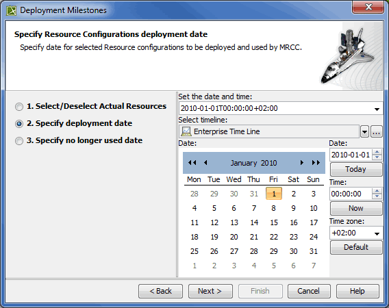 UAF Plugin 19.0 LTR SP4 > Deployment Milestones wizard > deployment_milestones_wizard_step2.png (Specifying deployment date in Deployment Milestones wizard) Specifying deployment date in Deployment Milestones wizard