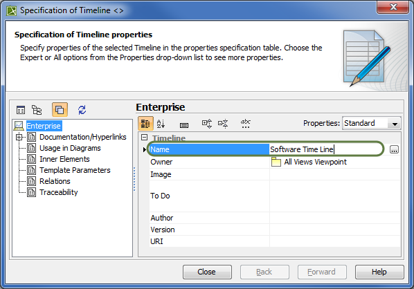 UAF Plugin 19.0 LTR SP4 > Time Periods dialog > Specifying_name_of_new_timeline.png (The Specification window of newly created Timeline with Name property specified as Software Time Line.) The Specification window of newly created Timeline with Name property specified as Software Time Line.