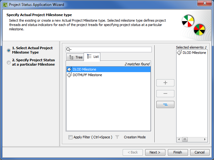 UAF Plugin 19.0 LTR SP4 > Project Status Application Wizard > project_status_application_wizard_step1.png (Selecting an Actual Project Milestone Type in Project Status Application Wizard) Selecting an Actual Project Milestone Type in Project Status Application Wizard