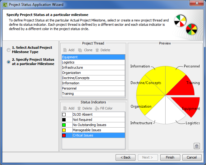 UAF Plugin 19.0 LTR SP4 > Project Status Application Wizard > project_status_application_wizard_step2_DLOD.png (Specifying Project Status at particular Milestone in Project Status Application Wizard) Specifying Project Status at particular Milestone in Project Status Application Wizard