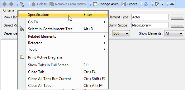 Dependency Matrix shortcut menu